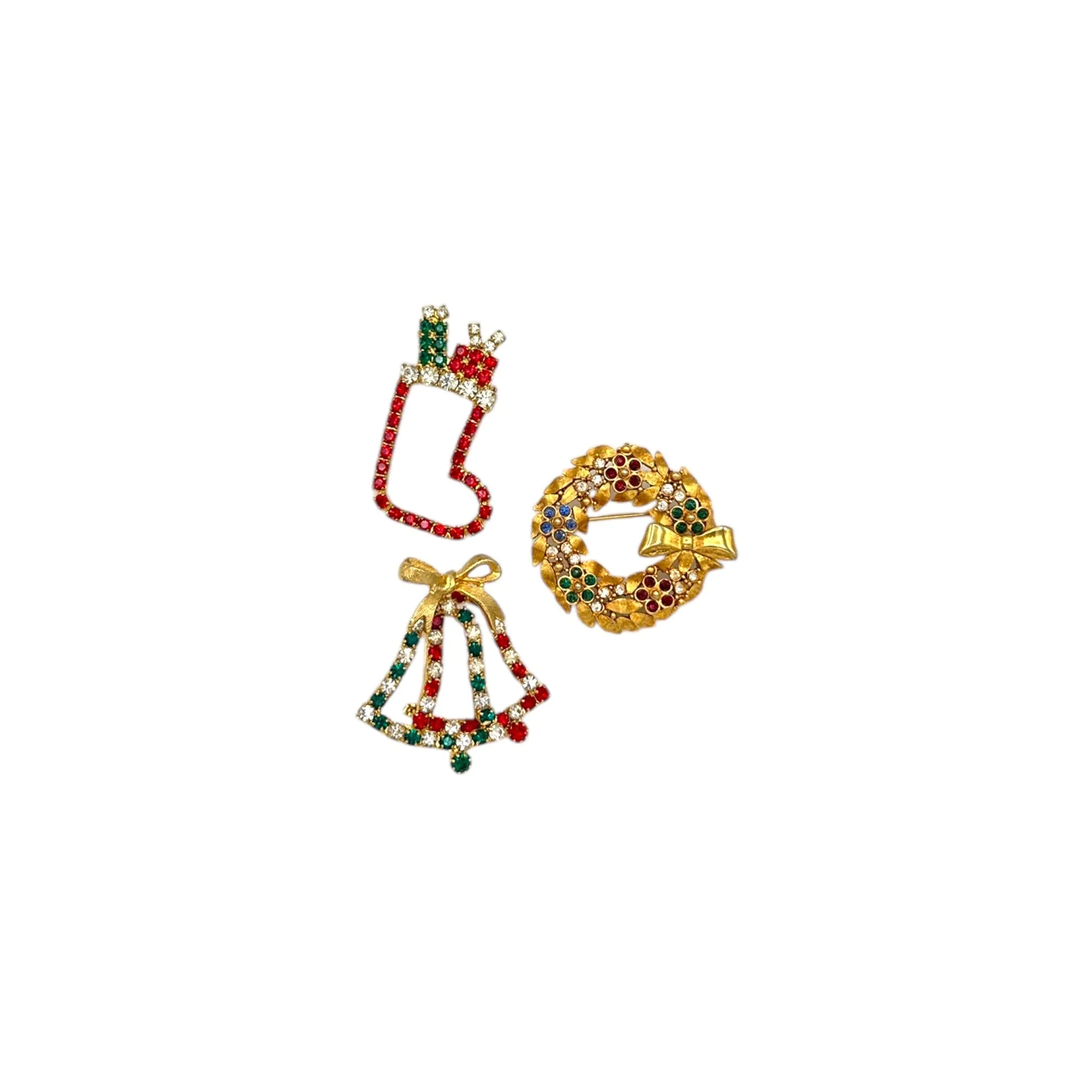 Vintage Holiday Brooch Trio Rhinestone Stocking Wreath Bells Christmas Scatter Pins