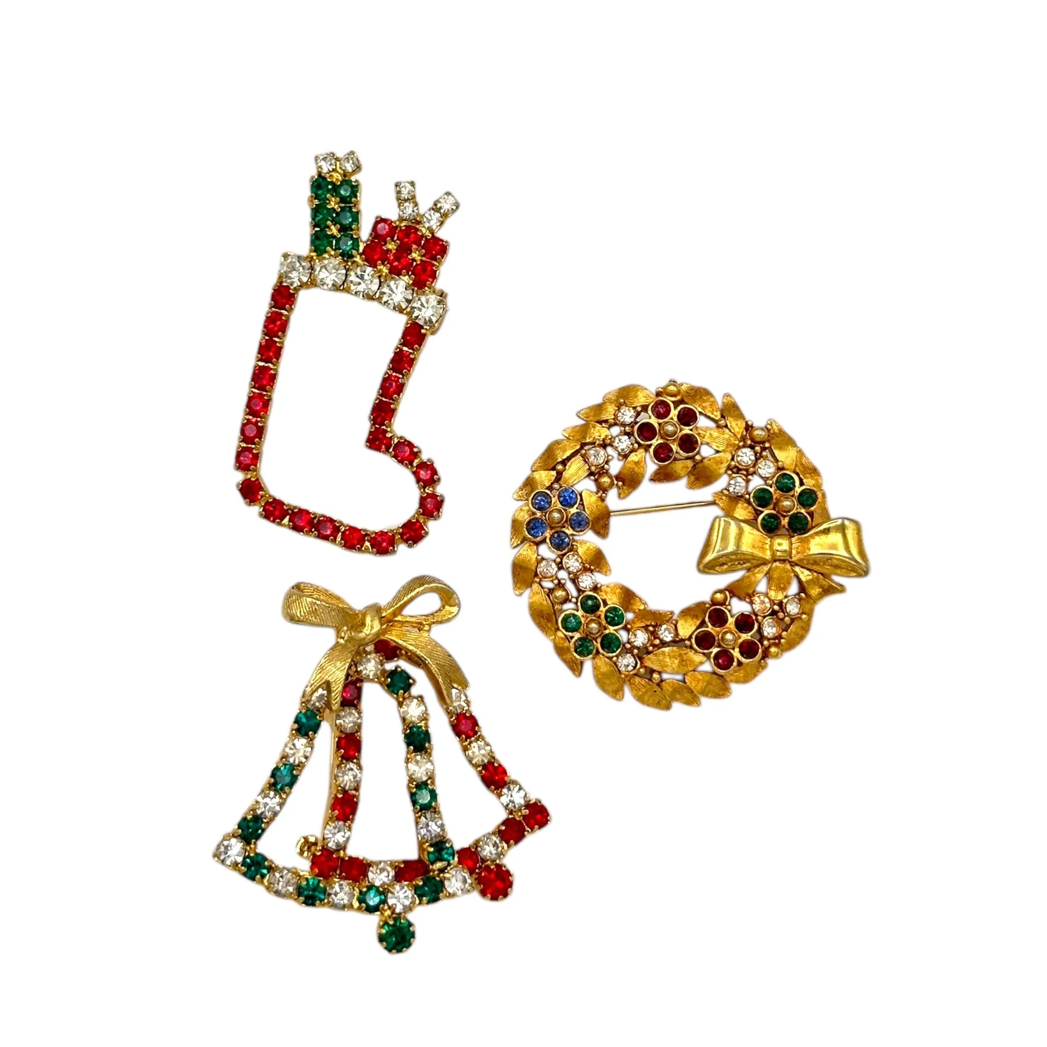 Vintage Holiday Brooch Trio Rhinestone Stocking Wreath Bells Christmas Scatter Pins