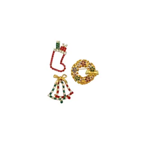 Vintage Holiday Brooch Trio Rhinestone Stocking Wreath Bells Christmas Scatter Pins