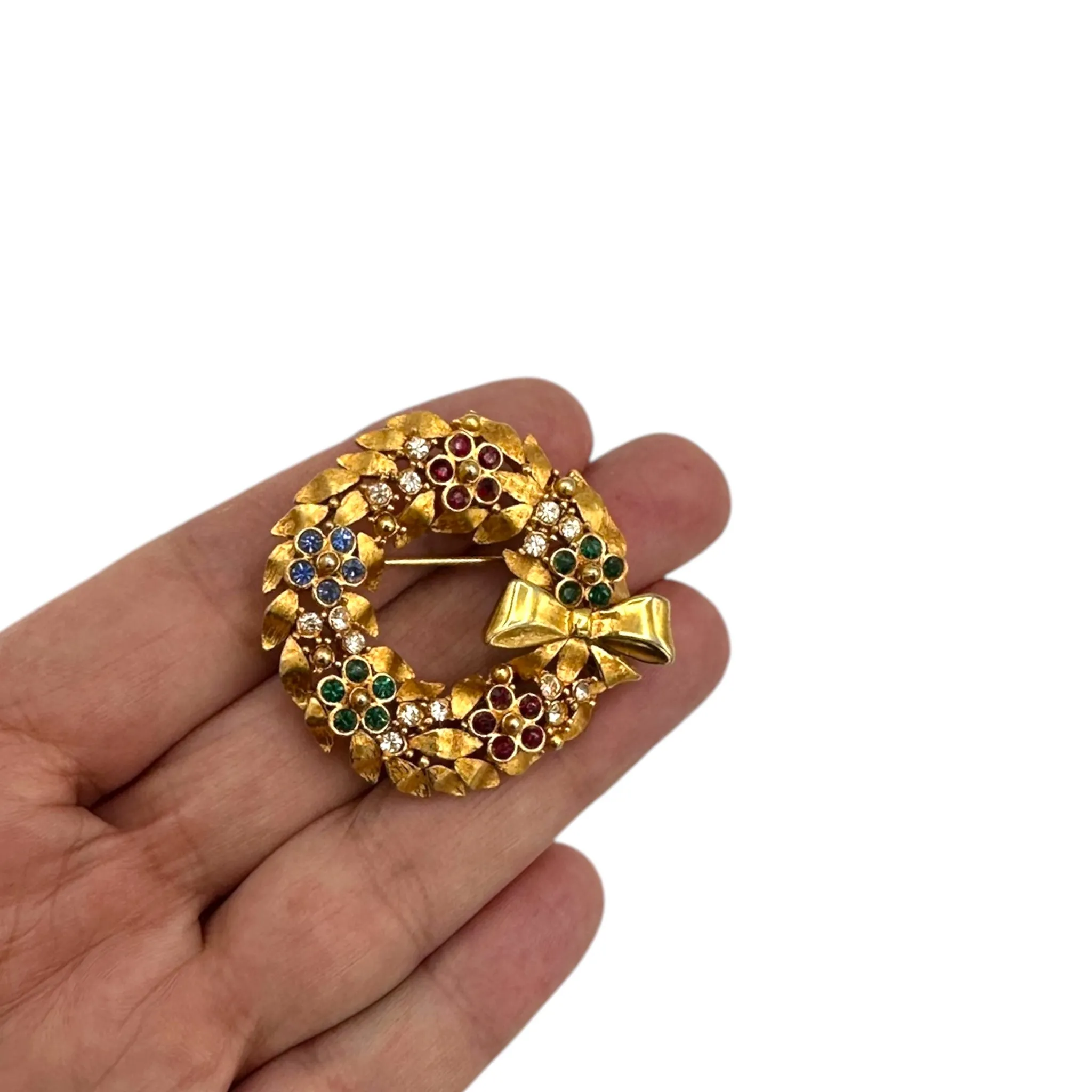 Vintage Holiday Brooch Trio Rhinestone Stocking Wreath Bells Christmas Scatter Pins