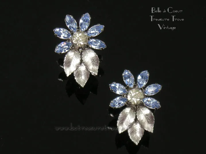 Vintage Krementz Light Blue and Crystal Rhinestone Flower Necklace Earring Brooch Set Silvertone