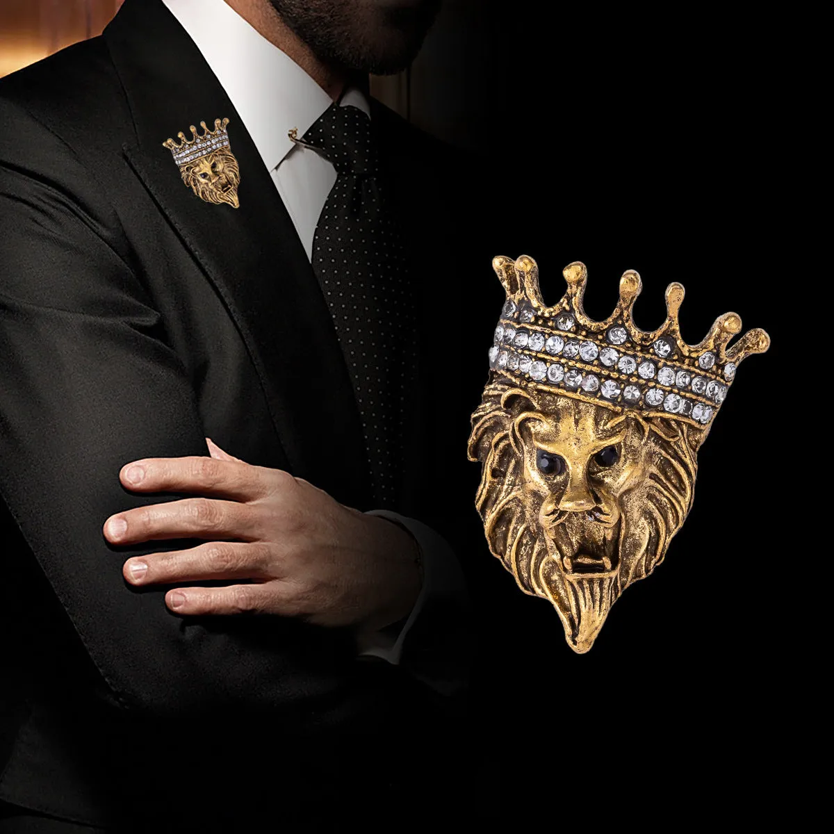 Vintage Lion Head Diamond Crown Pin Badge 4 Pack