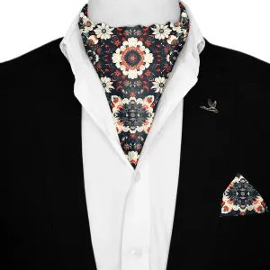 VINTAGE MANDALA SILK ASCOT WITH LAPEL PIN AND POCKET SQUARE