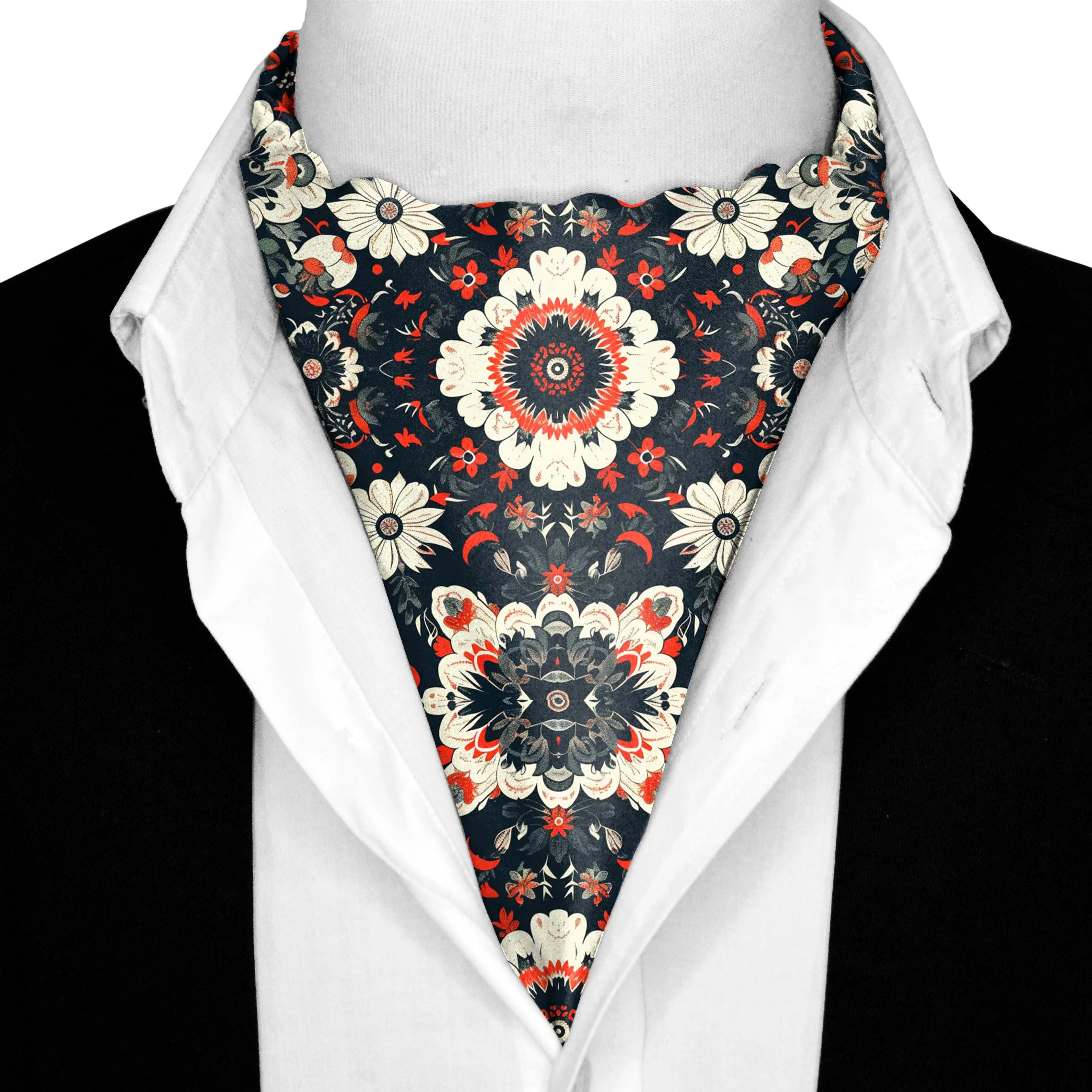 VINTAGE MANDALA SILK ASCOT WITH LAPEL PIN AND POCKET SQUARE