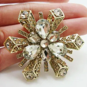 Vintage Retro Brown Snowflake Flower Pendant Gold-Tone Brooch Pin Austria Crystal