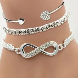 Vintage Set Silver Color Crystal Rhinestone Heart Bracelets for Women Fashion Geometric Adjustable Infinity Cuff Bangle Jewelry