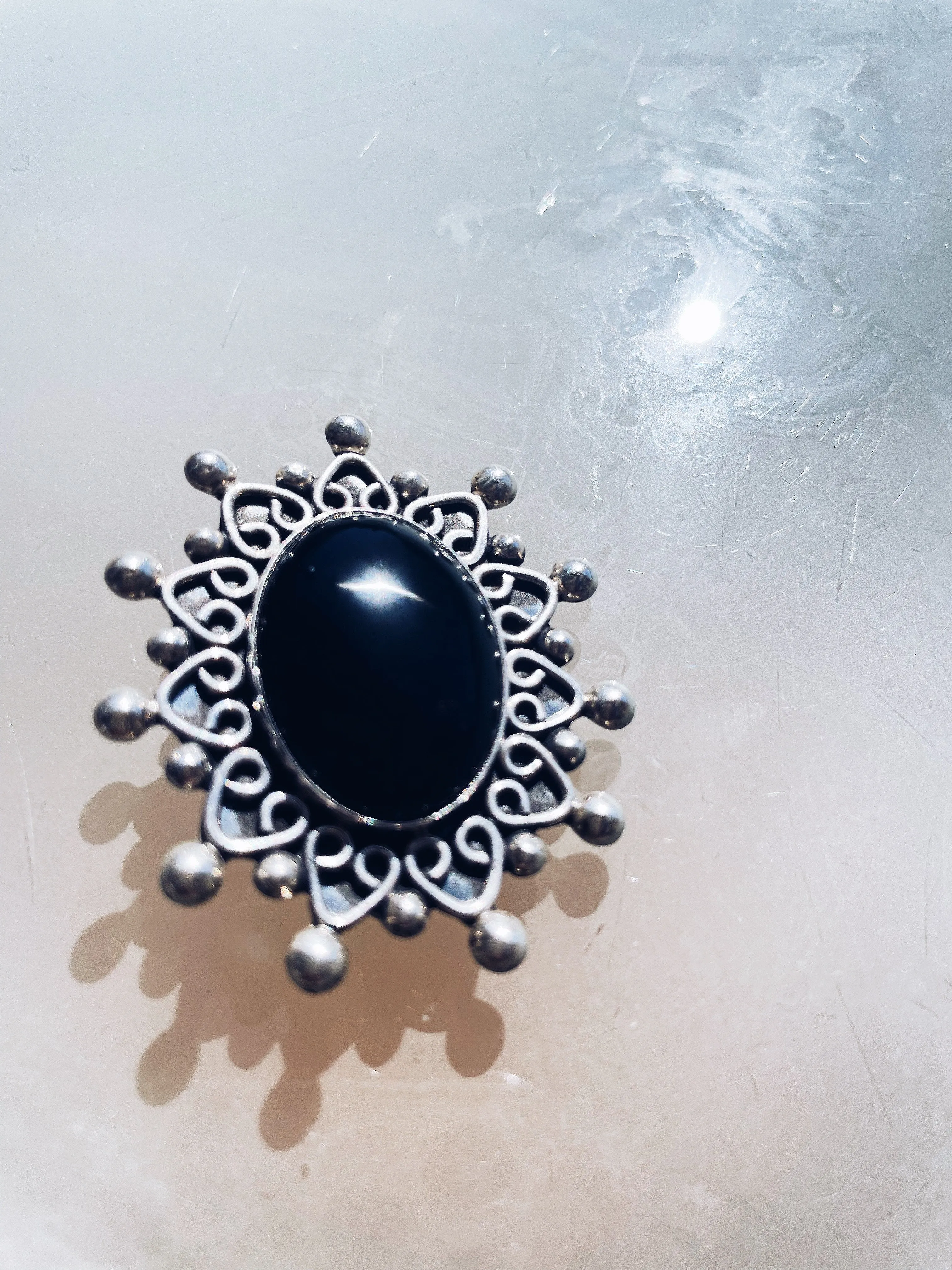 Vintage Sterling Silver Brooch with Black Onyx
