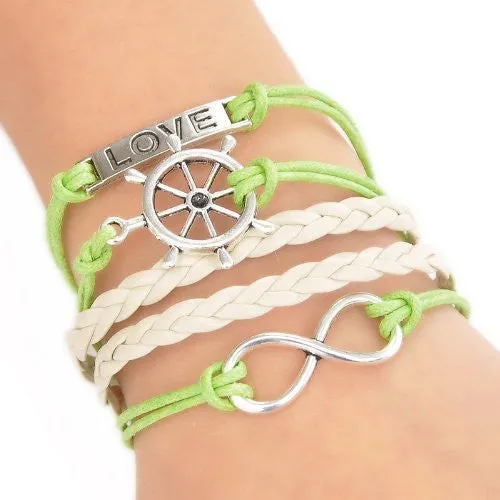 Wax Rope Braiding Bracelet Mixed W/Antique Silver Infinity Symbol & Rudder & Rectangle "Love" Findings 20cm(7 7/8")long