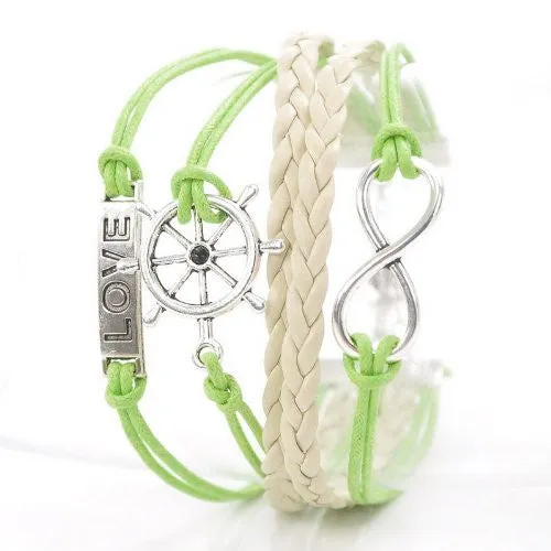 Wax Rope Braiding Bracelet Mixed W/Antique Silver Infinity Symbol & Rudder & Rectangle "Love" Findings 20cm(7 7/8")long