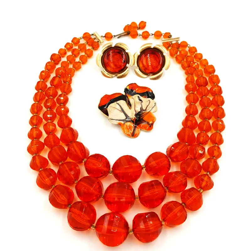 West Germany Vintage Necklace, Enamel Flower Pin and Sarah Coventry Earrings