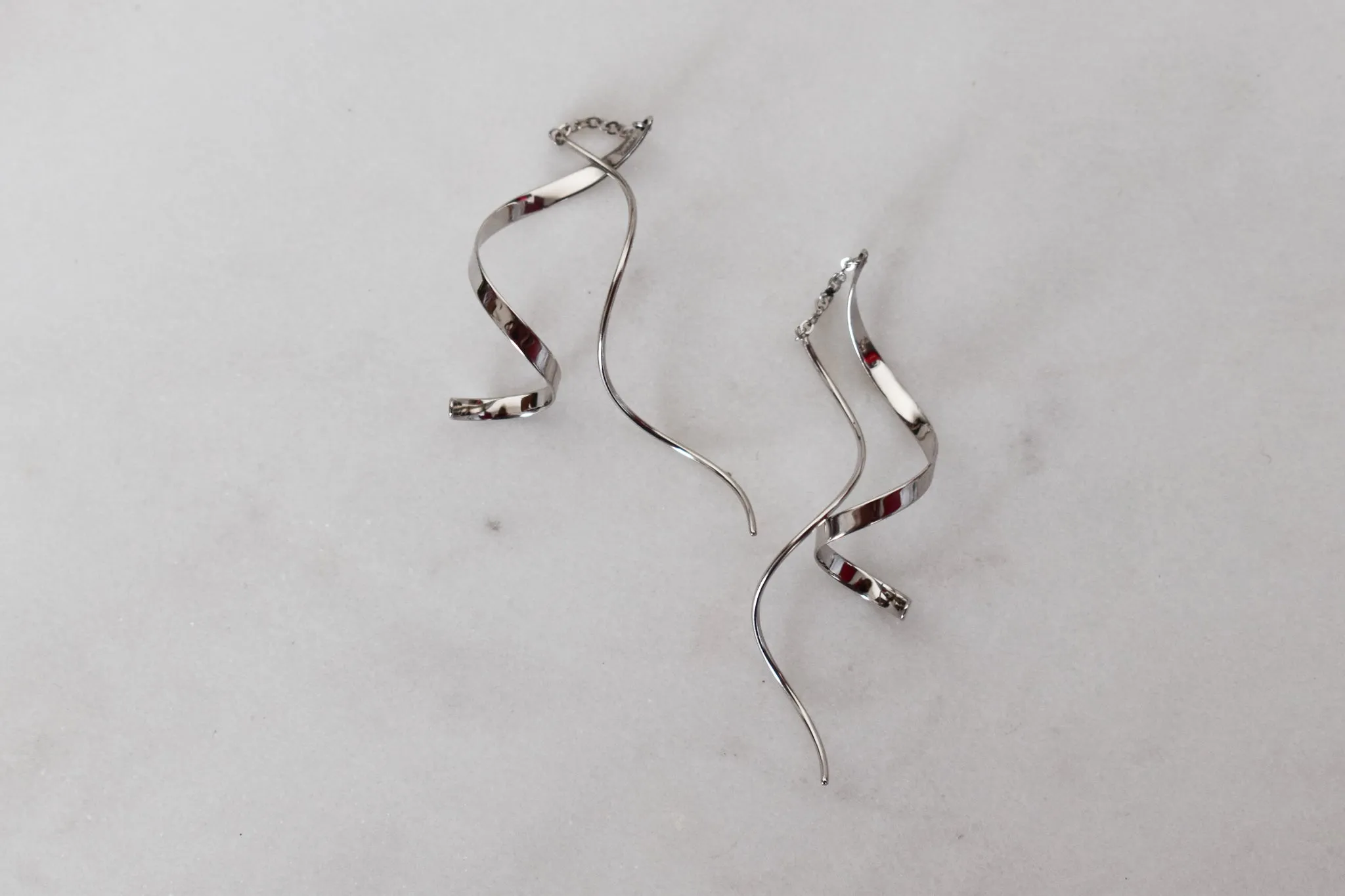 White Gold Twirling Curl-Threader Dangle Earrings