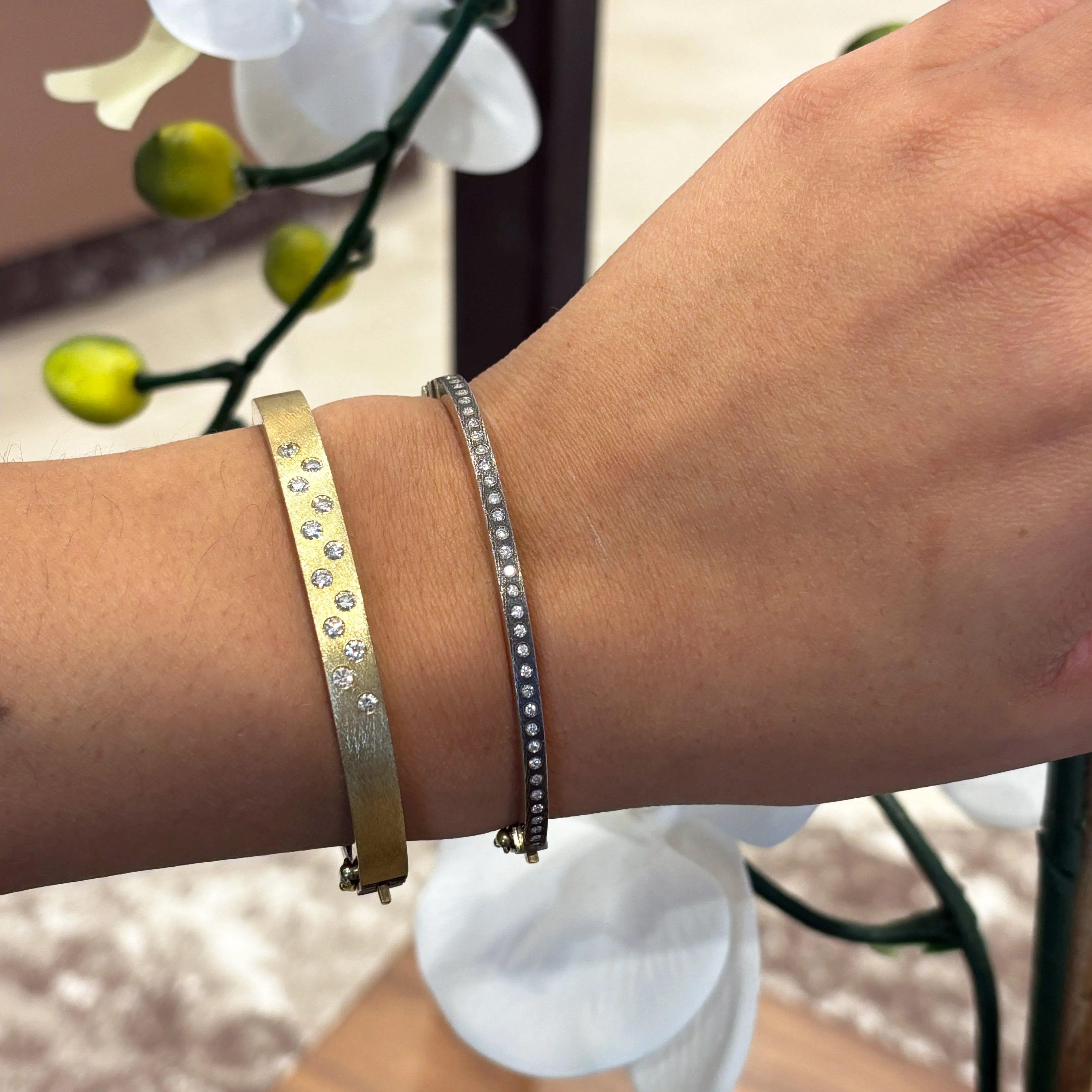 Wide Yellow Gold Bangle with Zig Zag Diamonds
