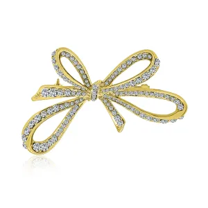 Winter Wedding Glittering Crystal Bridal Large Ribbon Bow Brooch Pin Gold Plated
