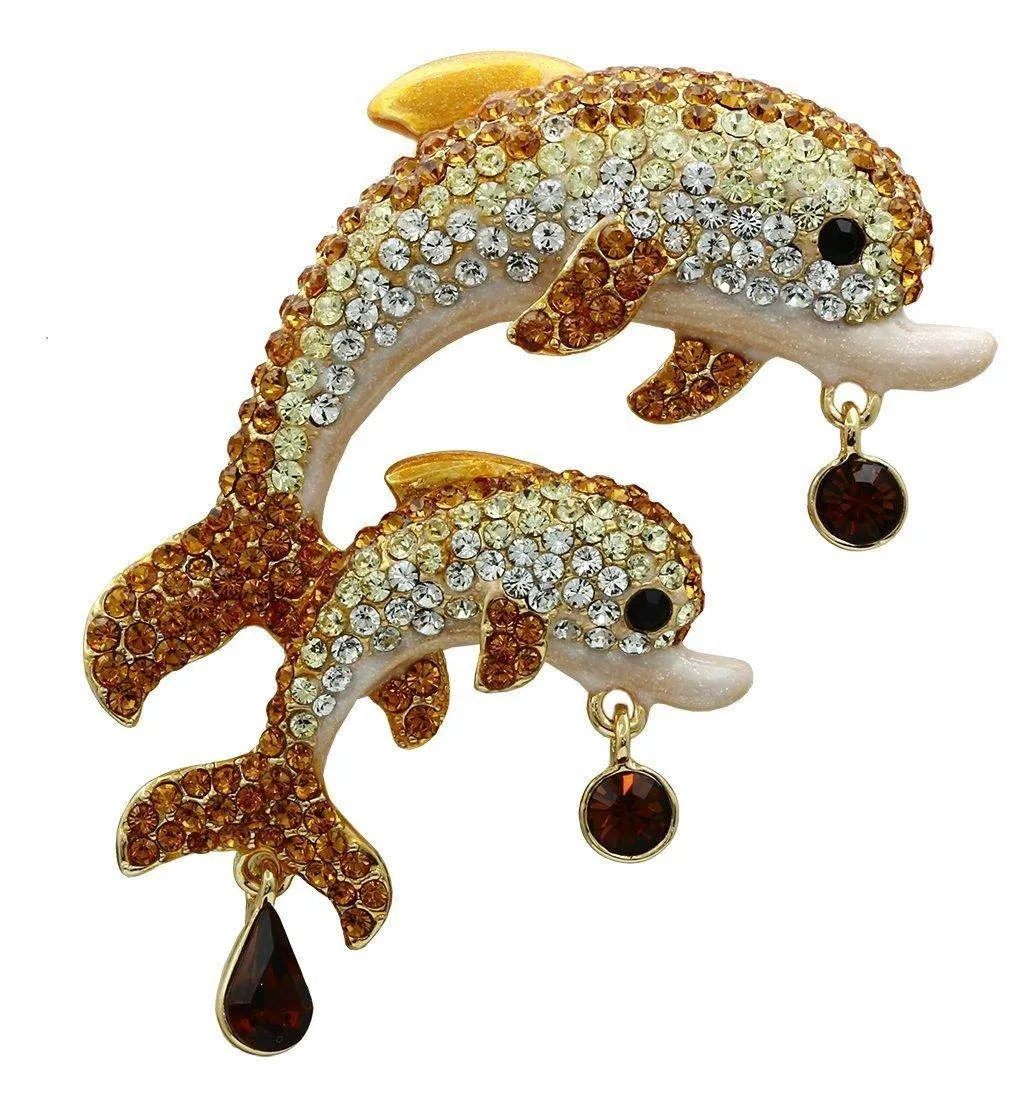 Women's Brooches: Dolphins Gold White Metal Brooch
