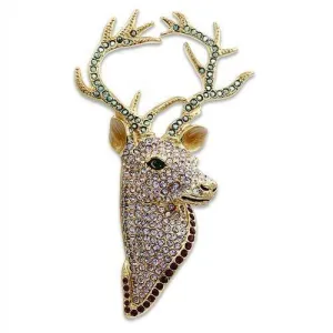 Women's Brooches: Jeweled Buck Gold White Metal Deer Brooch