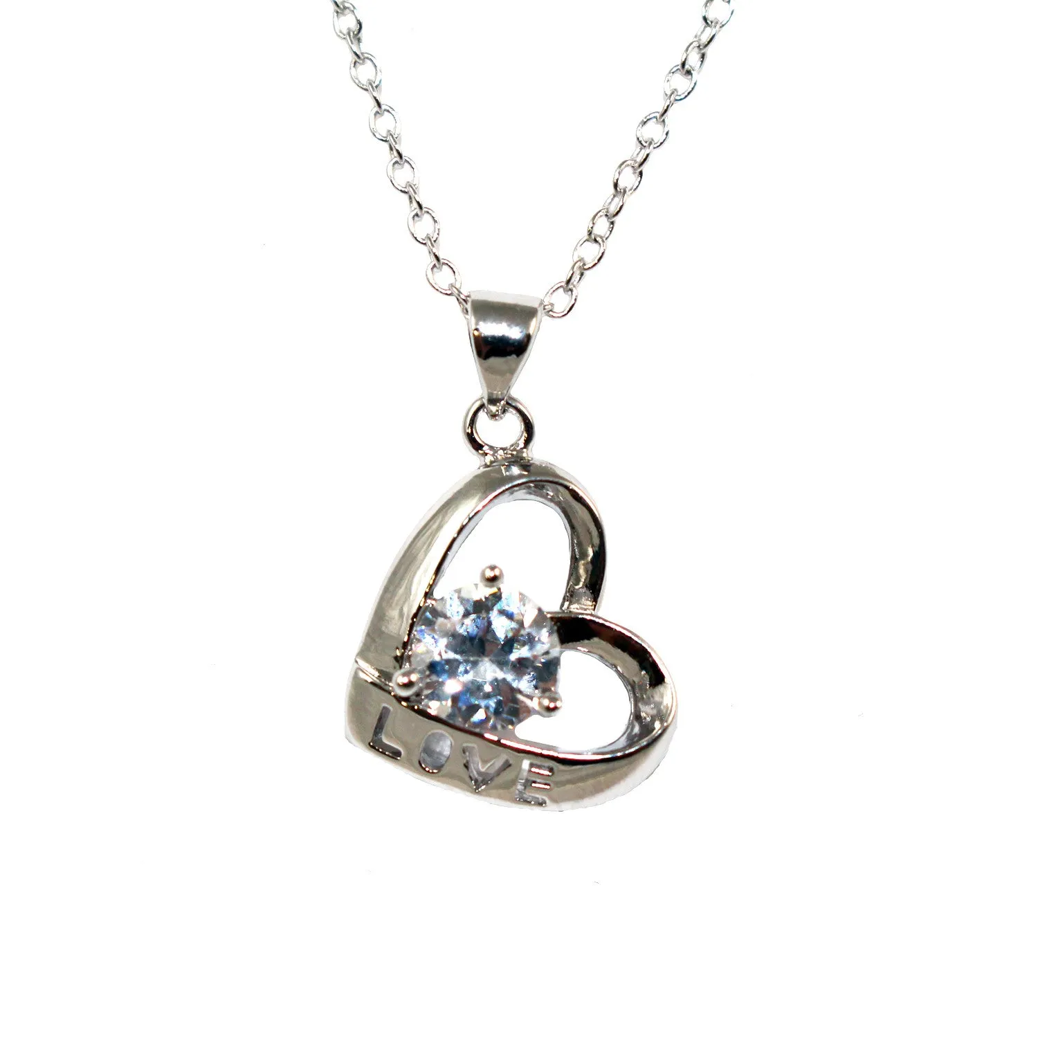 Women's Fashion Love Open Heart Platinum Plated Pendant Necklace with White Round Cut CZ Stone - Silver