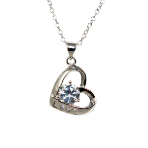 Women's Fashion Love Open Heart Platinum Plated Pendant Necklace with White Round Cut CZ Stone - Silver
