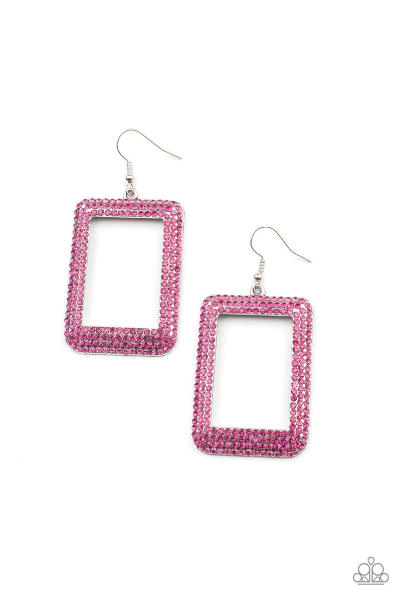 World FRAME-ous Pink Rhinestone Silver Rectangle Paparazzi Fishhook Earrings