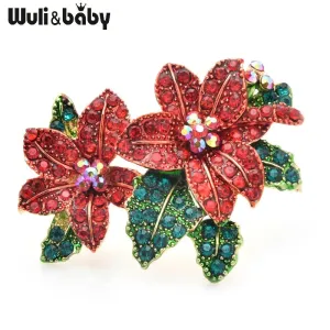Wuli&baby Red Rhinestone Flower Brooches Women Alloy Beautiful Flower Brooch Pins New Year Gifts